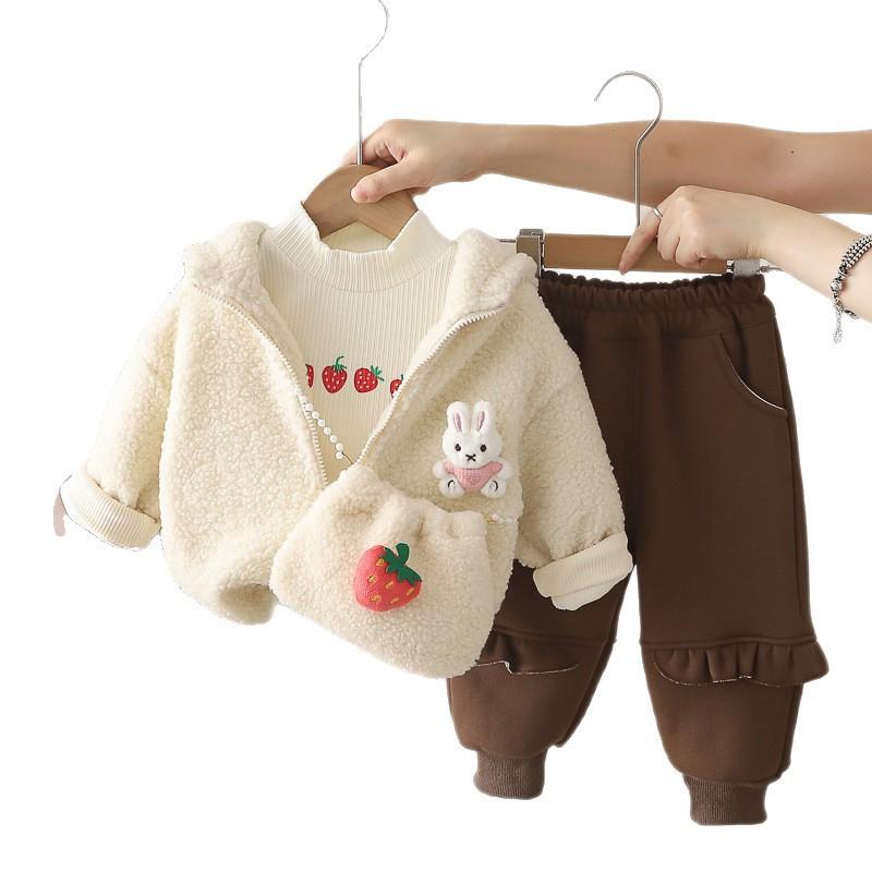 Girls Winter Fleece Strawberry Rabbit Set Cute Hooded 3-Piece Outfit 1-3 Olds