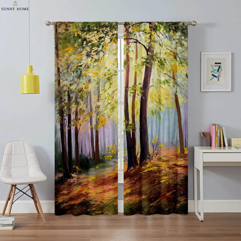 Floral Landscape Oil Painting Printed Curtains Machine Washable Rod Pocket Bedroom Living Room Kitchen Decorative Curtains 2PCS