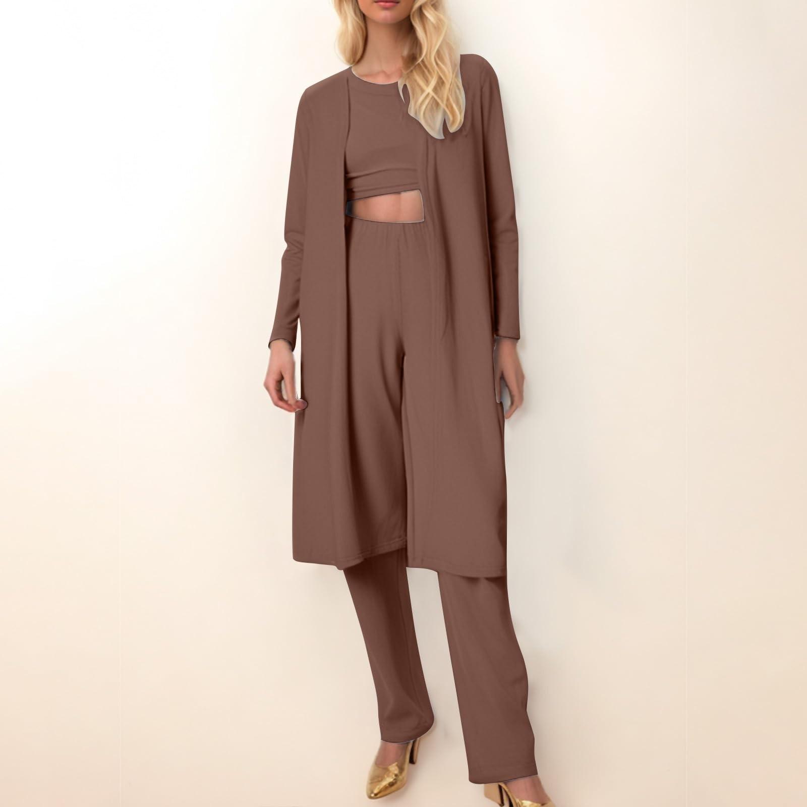 

Женский модный однотонный кардиган, куртка, жилет, топ, брюки, повседневный комплект из трех предметов L кофейный