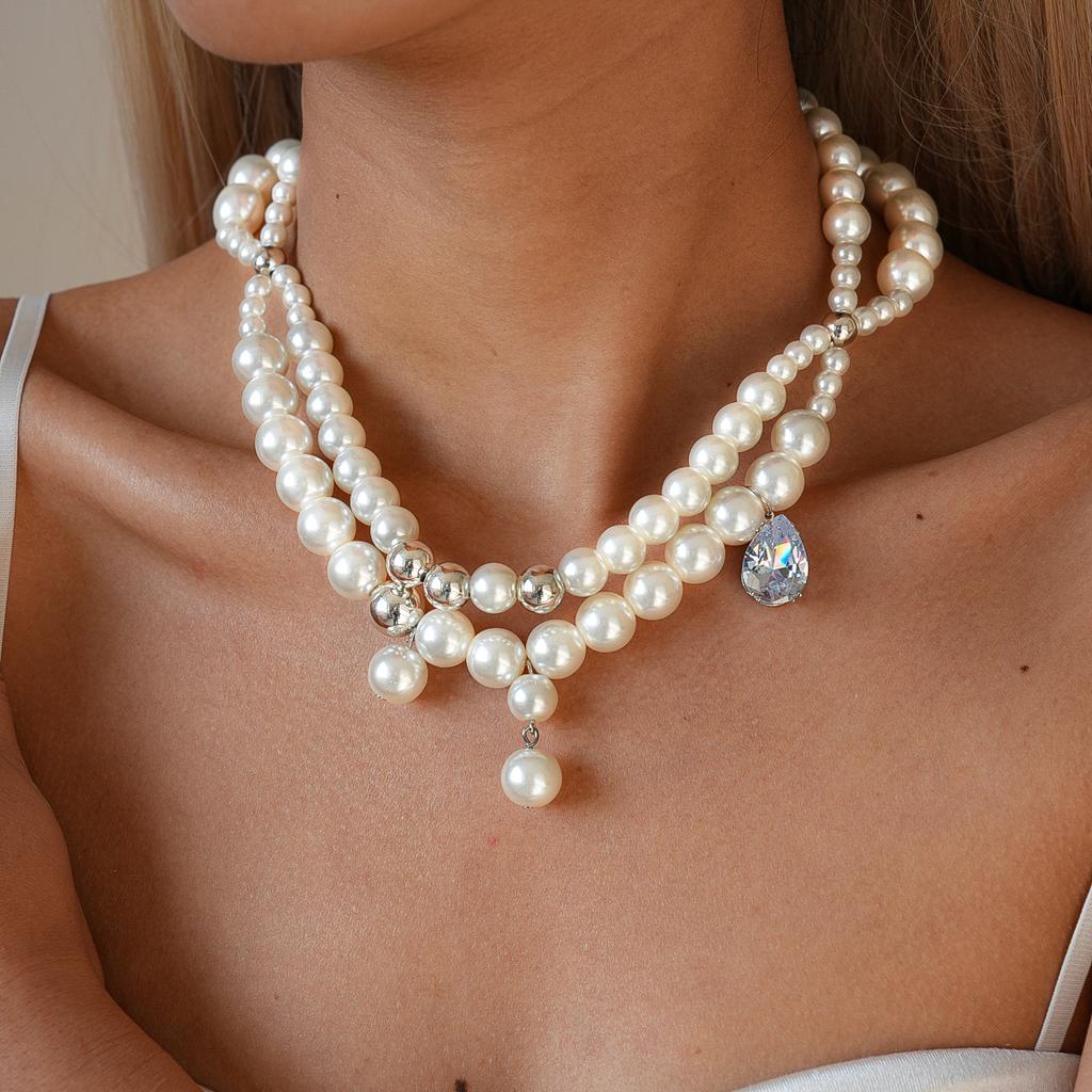 Zircon imitation pearl beaded multi-layer pendant sweater chain elegant necklace