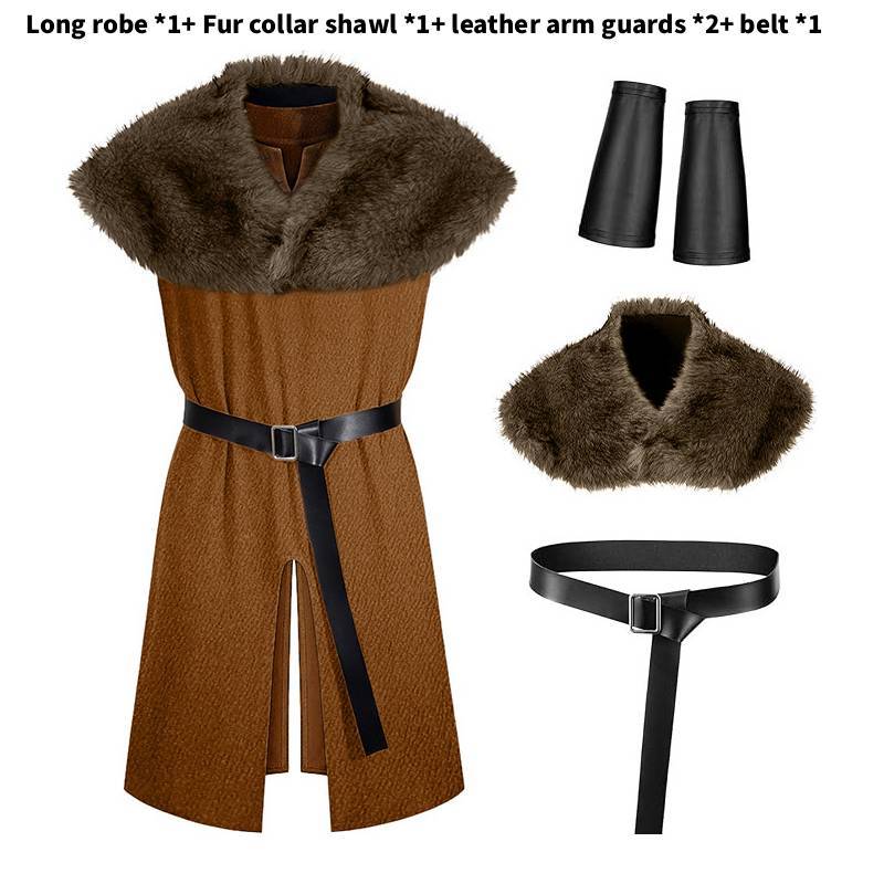 Medieval Knight Costume With Faux Fur Collar For Cosplay And Halloween Role Play