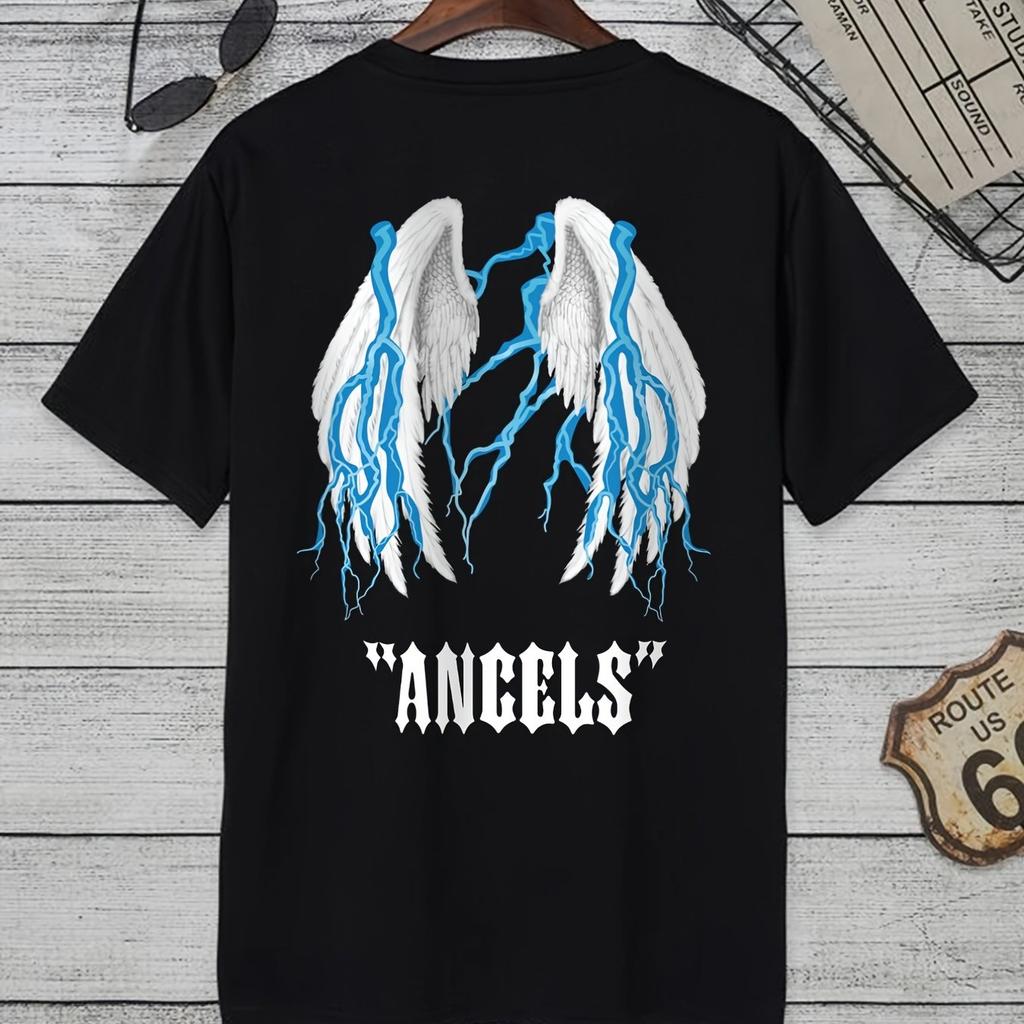 Herren Cartoon Engelsflügel Grafik T-Shirt - Lässiges einfarbiges braunes Rundhals-T-Shirt mit lebendigem Blau
