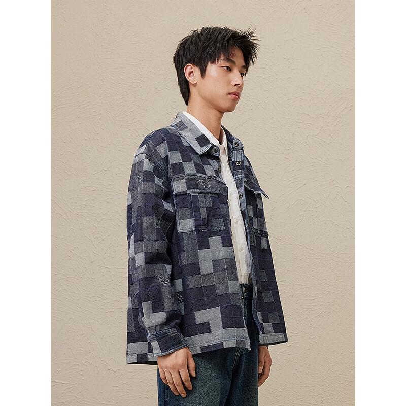 Veste en jean ample à carreaux et patchwork pour homme GXG