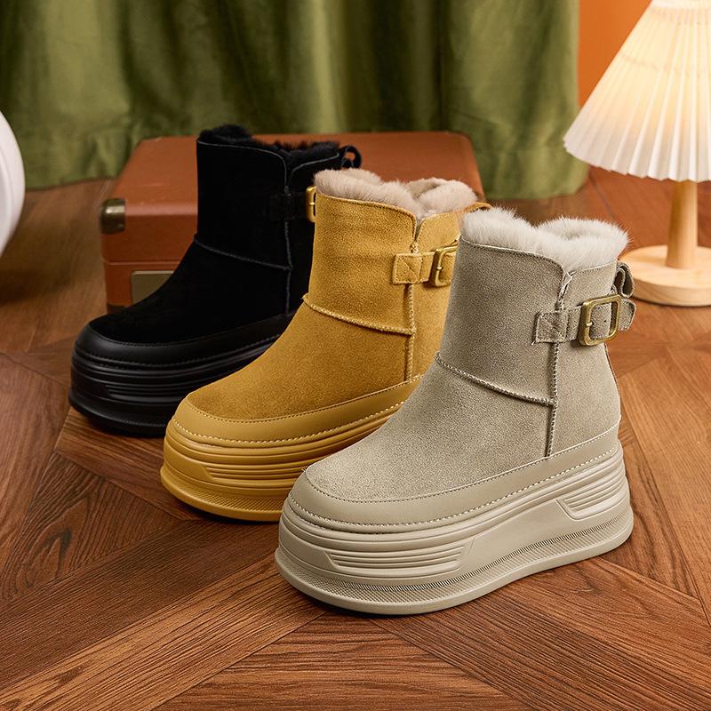 Inner Heightening Snow Boots Women's Winter New Thick-soled Small Short Boots Cold-proof Soft Leather Velvet Warm Women's Boots