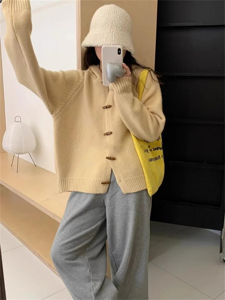 Autumn and winter new retro hooded horn buckle knitted cardigan women's soft waxy solid color loose age-reducing sweater jacket