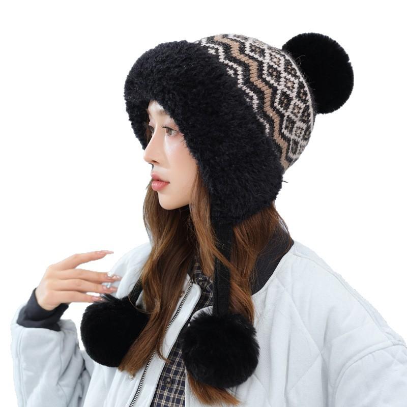 Fair Island Style Winter Plaid Bright Silk Plus Velvet Hat Versatile Sweet Ball Hat Outdoor Travel Cold Warm Hat Korean