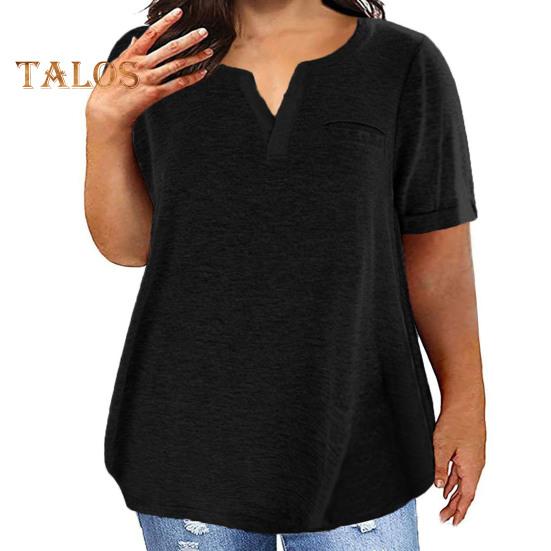 Tricou pentru femei, cu decolteu în V, cu mâneci scurte, cu buzunare la piept, de culoare uni, ocazional, tricou lejer, îmbrăcat zilnic