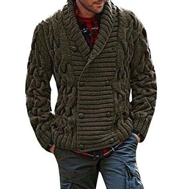 Thick Mens Knitted Shawl Collar Double Breasted Cable Knitwear Cardigan Sweater