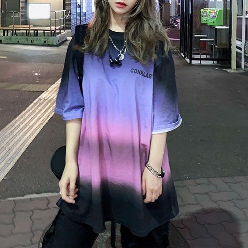 

Новая летняя мода Тай-дай градиентная печать букв Круглый вырез Короткий рукав Свободная Расслабленная Оверсайз Трендовая Длинная футболка S фиолетовый