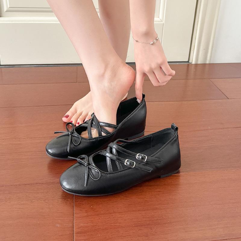 Bow round head shallow mouth ballet shoes flat sole soft sole single shoes women's cross strap inner height increase Mary Jane shoes