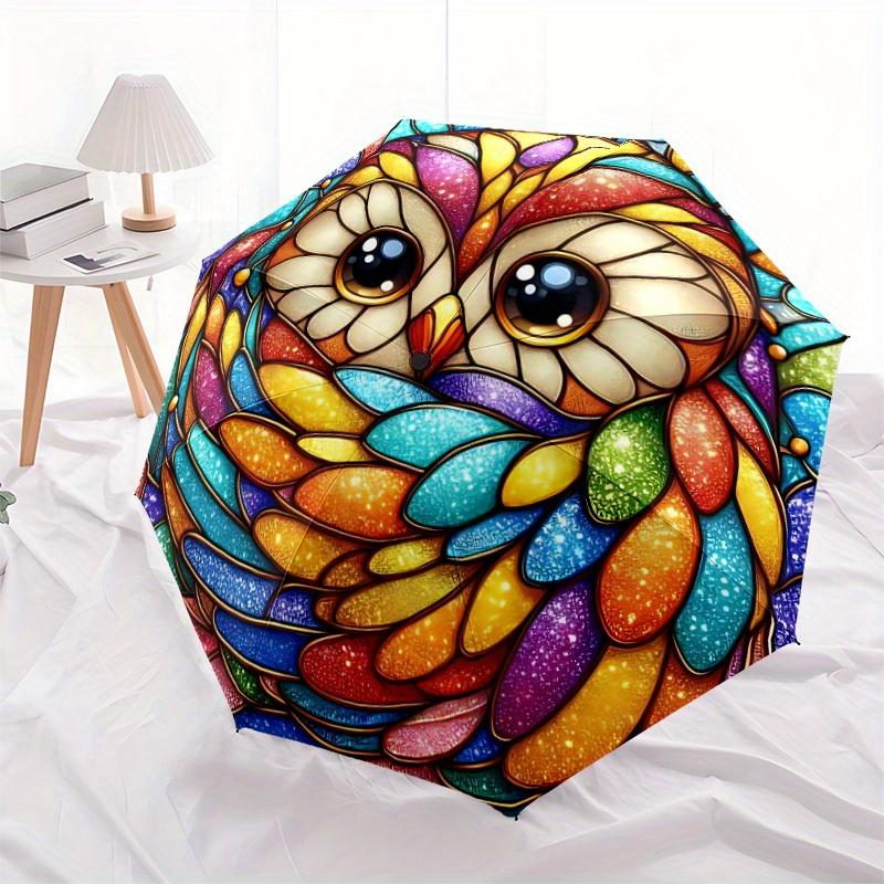 1pc Stained Glass Owl Compact Travel Umbrella, Automatic Folding Lightweight Windproof 8-Bone Reinforced Design,012148