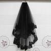 2-Tier Women Black Wedding Veil Embroidery Floral Lace Sheer Tulle Hair Accessories with Comb