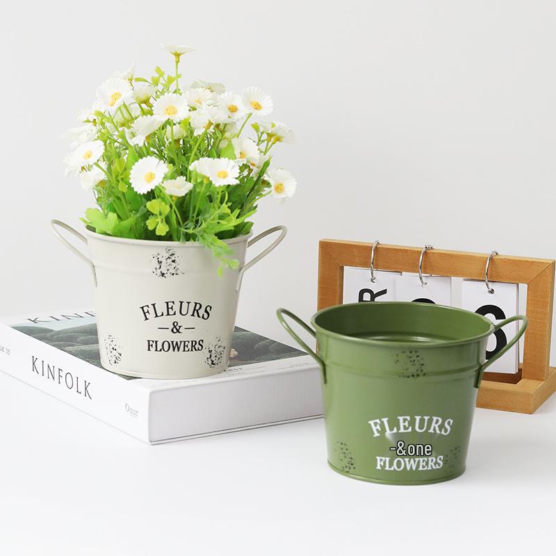 Round Double-Handle Tin Flower Pot - Succulent & Green Plant Balcony Bucket