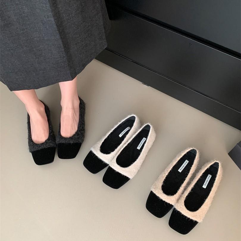 French Flat Bottom Gentle Evening Milk Tea Apricot Fluff Single Shoes Women's Autumn and Winter Velvet Small Fragrant Style with Skirt Grandma 