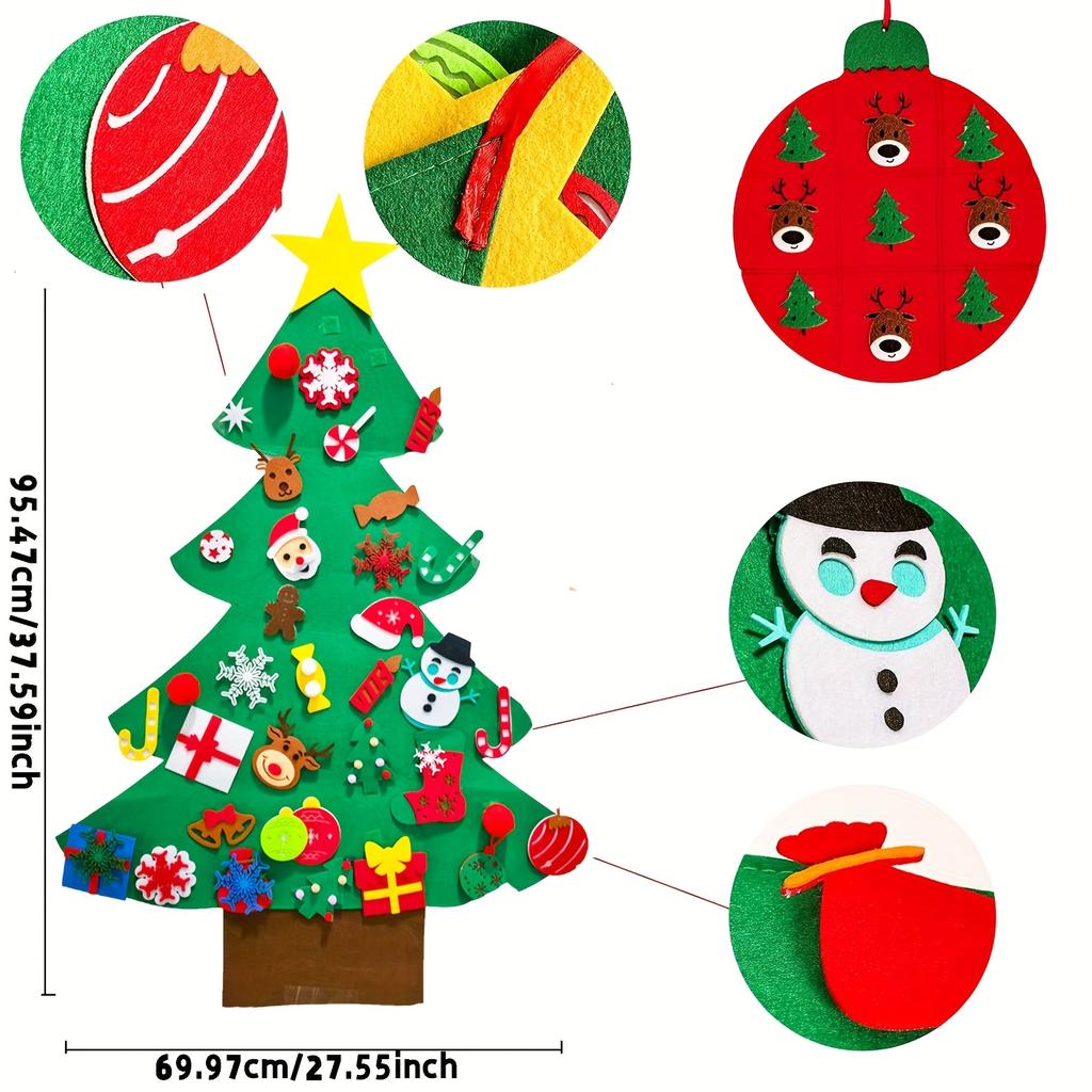 51pcs DIY Felt Christmas Tree Set Plus Tic-Tac-Toe Games Wall Hanging Decorations Felt Craft Kits for Xmas Party Favors