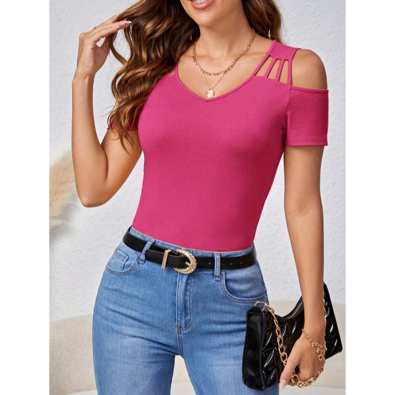 Summer New Fashionable Off-shoulder Solid Color Sexy V-neck T-shirt Slim Pullover Top