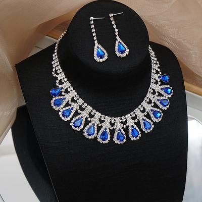 New Crystal Necklace Earrings Two Piece Full Diamond Exquisite Wedding Dress Necklace Collar Chain Women 'S Jewelry Wholesale