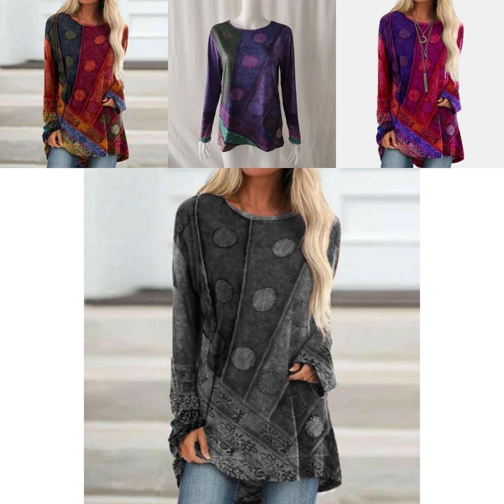 Plus Size Womens Hippie Boho Long Sleeve Tops With Soft Material And Floral Pattern
