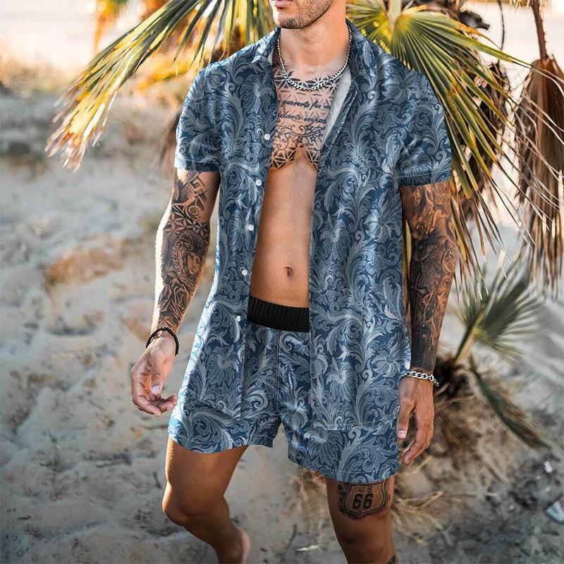 Sommer Herren Lässig Digital Bedruckt Lockeres Hemd Strand Set Hemd & Shorts Kombis Herren