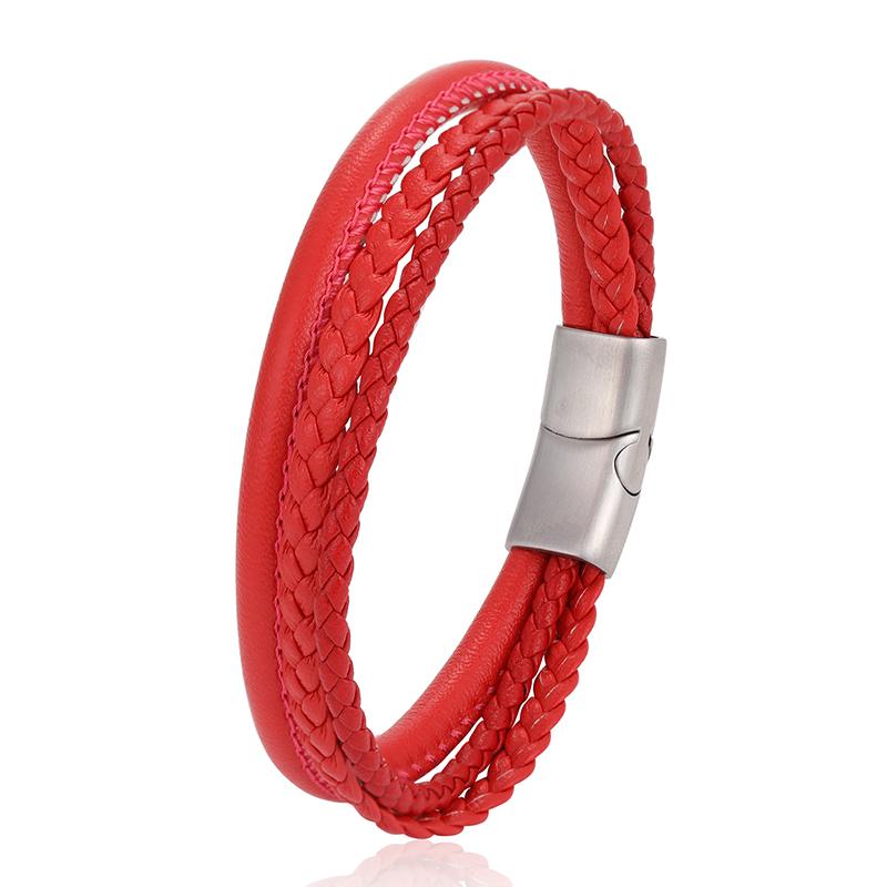 Fashion Jewelry Braided Red Leather Bracelet for Women Stainless Steel Buckle Men Bracelet Hot Selling for New Year Male Gift 18.5cm