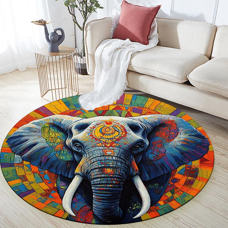 Elephant Mandala Round Area Rug,Carpet Rug for Living Room Bedroom Sofa Playroom Decor,Non-slip Floor Mat