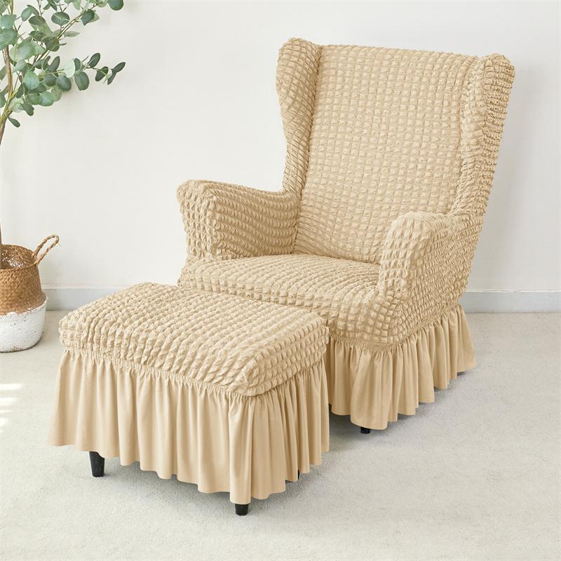 Seersucker Wing Chair Cover Solid Color King Armchair Slipcover Stretch Wingback Sofa Covers With Cushion Cover Home Decor