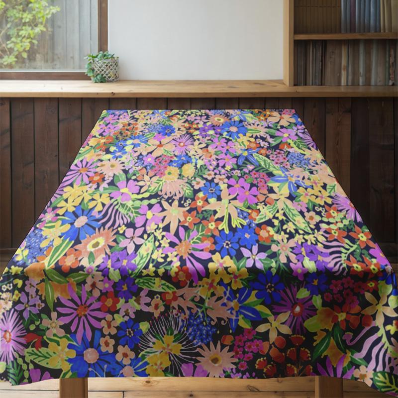 Bright Floral Tablecloth Multicolored Printed Linen Table Cover Decor for Kitchen Dining Room Party Decoration (Wooden Table Set