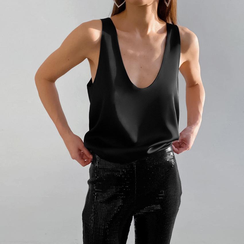 Women's Satin V-Neck Tank Top Sleeveless Silky Camisole Blouse