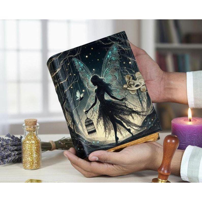 Fairy Leather Grimoire – Handmade Book of Shadows with Lock Positivity Gift