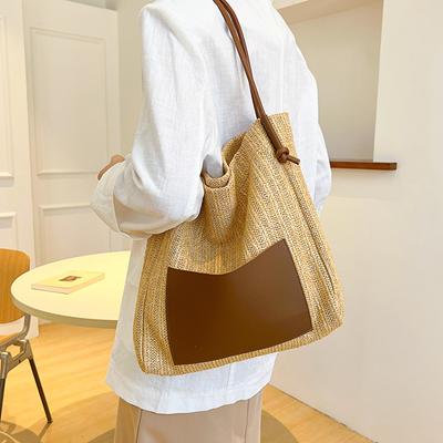 Stroh-Stricktasche mit Lochmuster, großes Fassungsvermögen, handgefertigte Schultertasche, Damen-Designer-Strandtasche