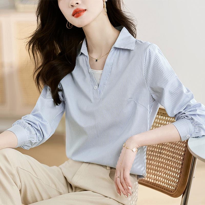 

2023 Шикарная осенняя женская полосатая шифоновая рубашка из двух частей с длинным рукавом Medium