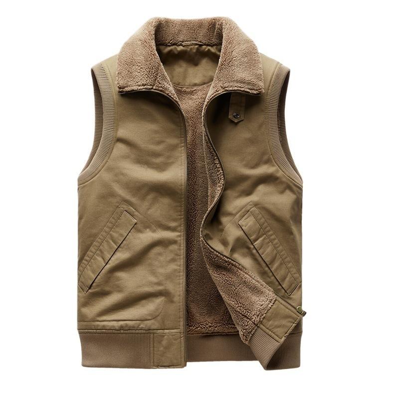 Men's Casual Fleece Lined Thickened Loose Fit Sleeveless Vest Autumn Winter Turn-Down Collar Jacket Outdoor Leisure Vest