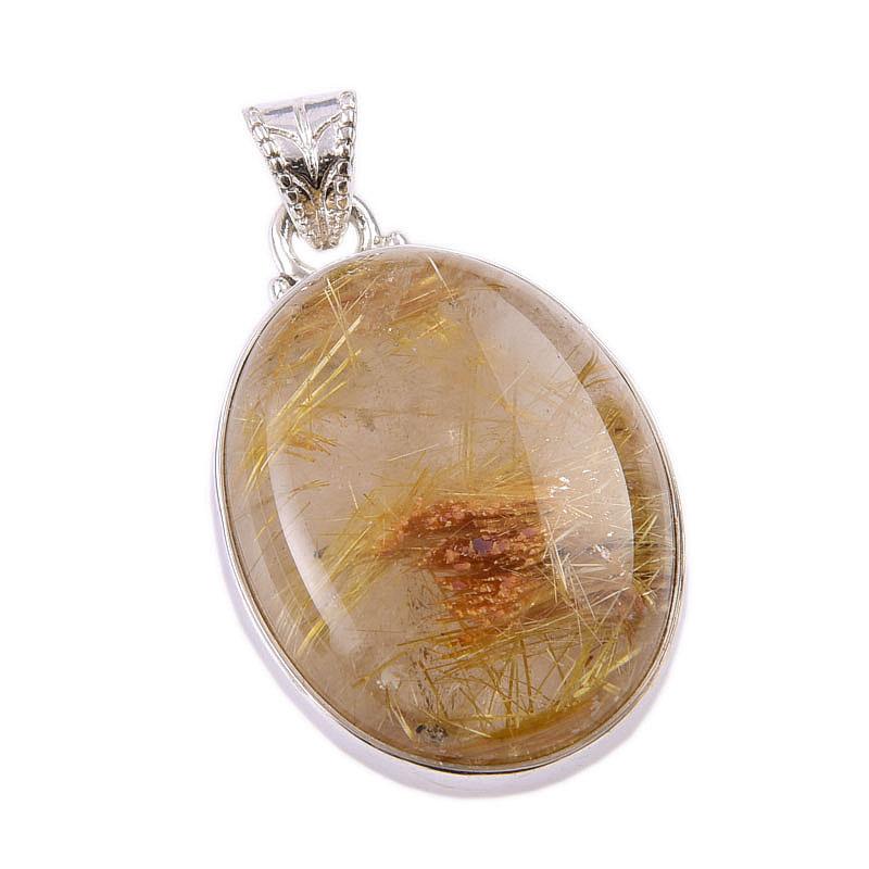 Natural Golden Rutile Gemstone 925 Solid Sterling Silver Gift Pendant 1.75" D8P71