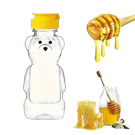 240ml Plastic Bear Honey Bottle Jars Empty Honey Squeeze Container with Flip-lid Reusable Bear Shaped Juice Bottle for Syrup Sauce Storing Dispensing