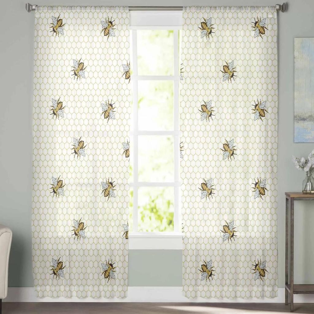 Plaid Bee Geometry Sheer Window Curtains For Living Room Kitchen Children Bedroom Voile Hanging Curtain