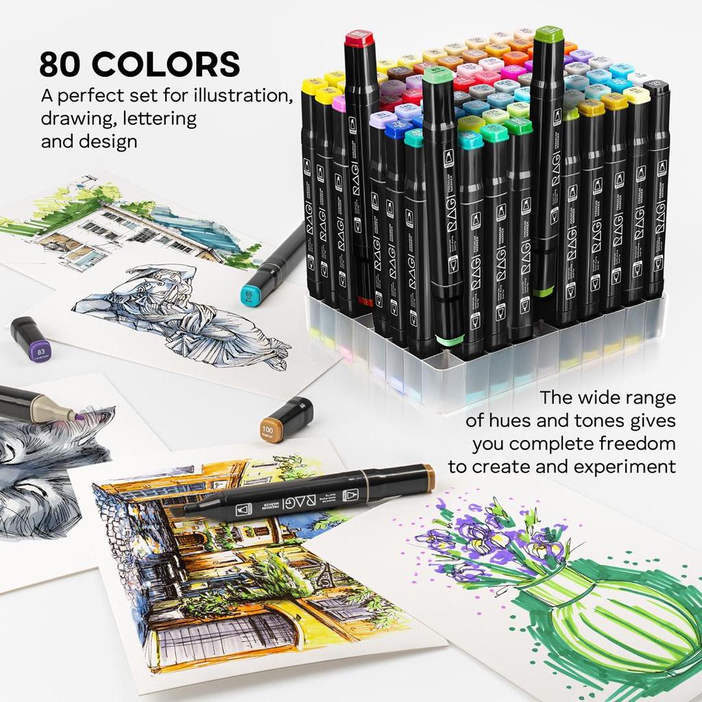 RAGI Pennarelli ad Alcool 80 Pennarelli fronte/retro, Doppia Punta, Set da Disegno Artistico Professionale