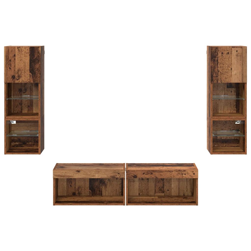 TV Wall Unit with LED Light Strips 6 pcs Reclaimed Wood Effect Particleboard