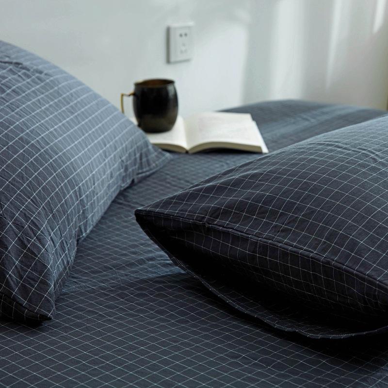 Washed Cotton Fitted Sheet Single Piece Solid Color Plaid Simple Single Bed Double Bed Fitted Sheet