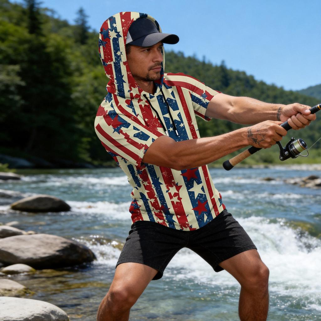Men's Raglan Sleeve Casual Sport Hoodie Short Sleeve Lightweight Fishing Sun Protection Shirt with Hooded Design
