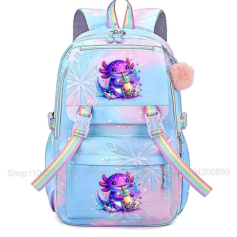 Zaino Boba Axolotl Arcobaleno Carino Cartone Animato Mochi Zaino Scolastico per Ragazze Zaino Giornaliero Casual Grande Leggero Zaino per Libri