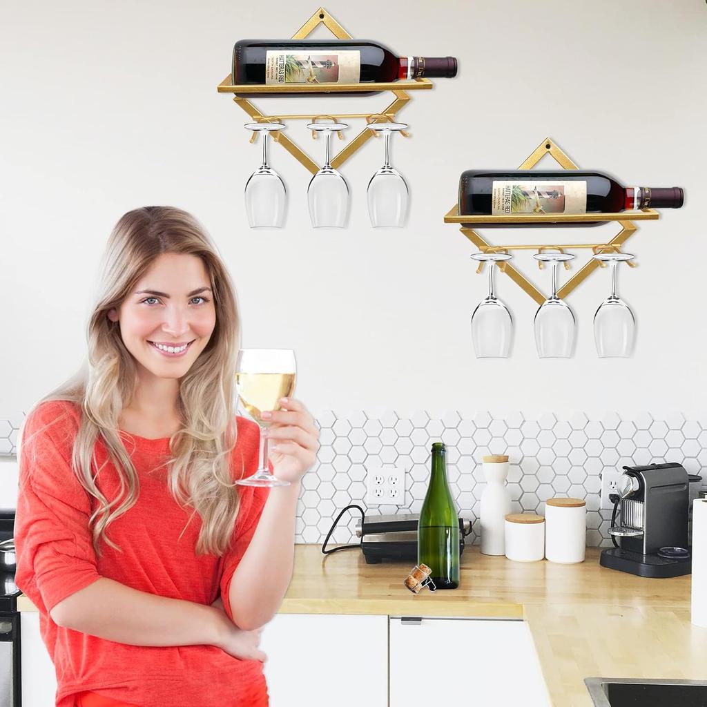 AUHOKY 2Pcs Metal Wall Mounted Wine Holder Stemware Glass Rack, Upgrade Collapsible Hanging Red Wine Racks Organizer with 3 Stem Glass Holders, Wine