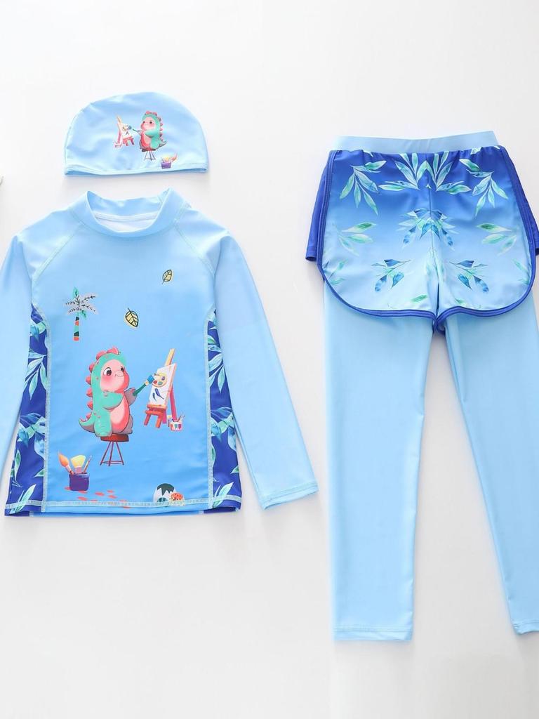 Boys' Quick-Dry Cartoon One-Piece Swimsuit with Long Sleeves and Sun Protection