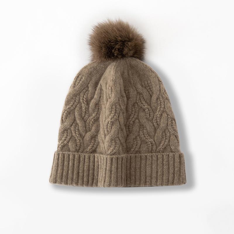 New Style Women's High End Solid Color Striped Fur Ball Thickened Warm Fashion Knitted Casual Hat