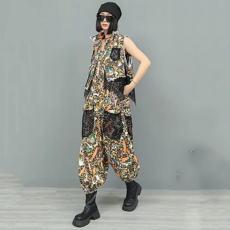 XITAO Patchwork Mesh Pocket Lapel Two Piece Jumpsuit  GYX1611