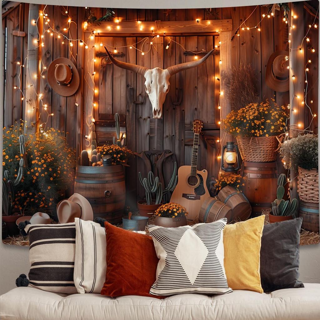 Western Boho Wall Tapestry Aesthetic Southwest Country Ranch Tapestry Retro Rustic Barn Door with Bull Skull Desert Cactus Cowboy Guitar Texas Hippie
