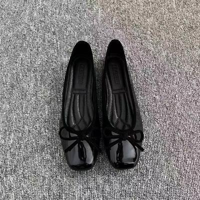 2025 Doudou Grandma Ballet Bow New Square Head Flat Bottom Red Single Shoes Fragrant Light Mouth Versatile Women's Shoes