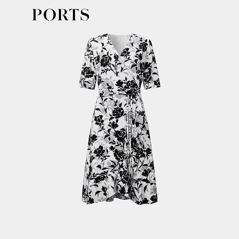 PORTS Women's Black Floral V-Neck Midi Dress