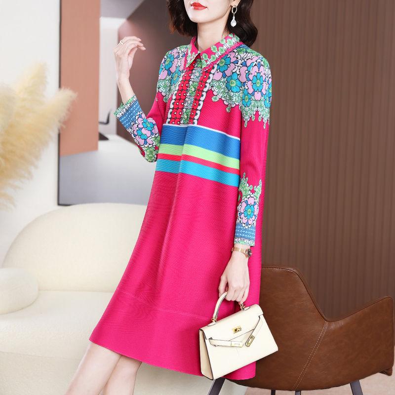 Design inspired printed dress, spring dress, women's new style, stylish lapel pleated loose fitting dress
