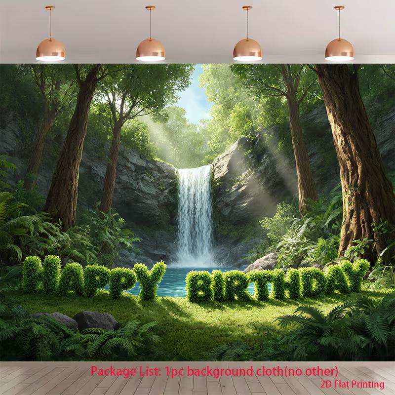 2D Forest Waterfall Happy Birthday Backdrop Jungle Greenery Party Photography Background Banner