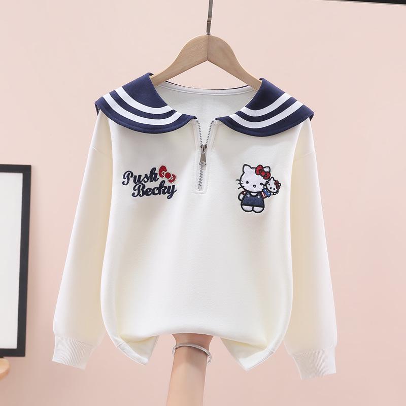 Girls' Sailor Collar Cartoon Sweatshirt - Seasonal Casual Top for Fall and Winter